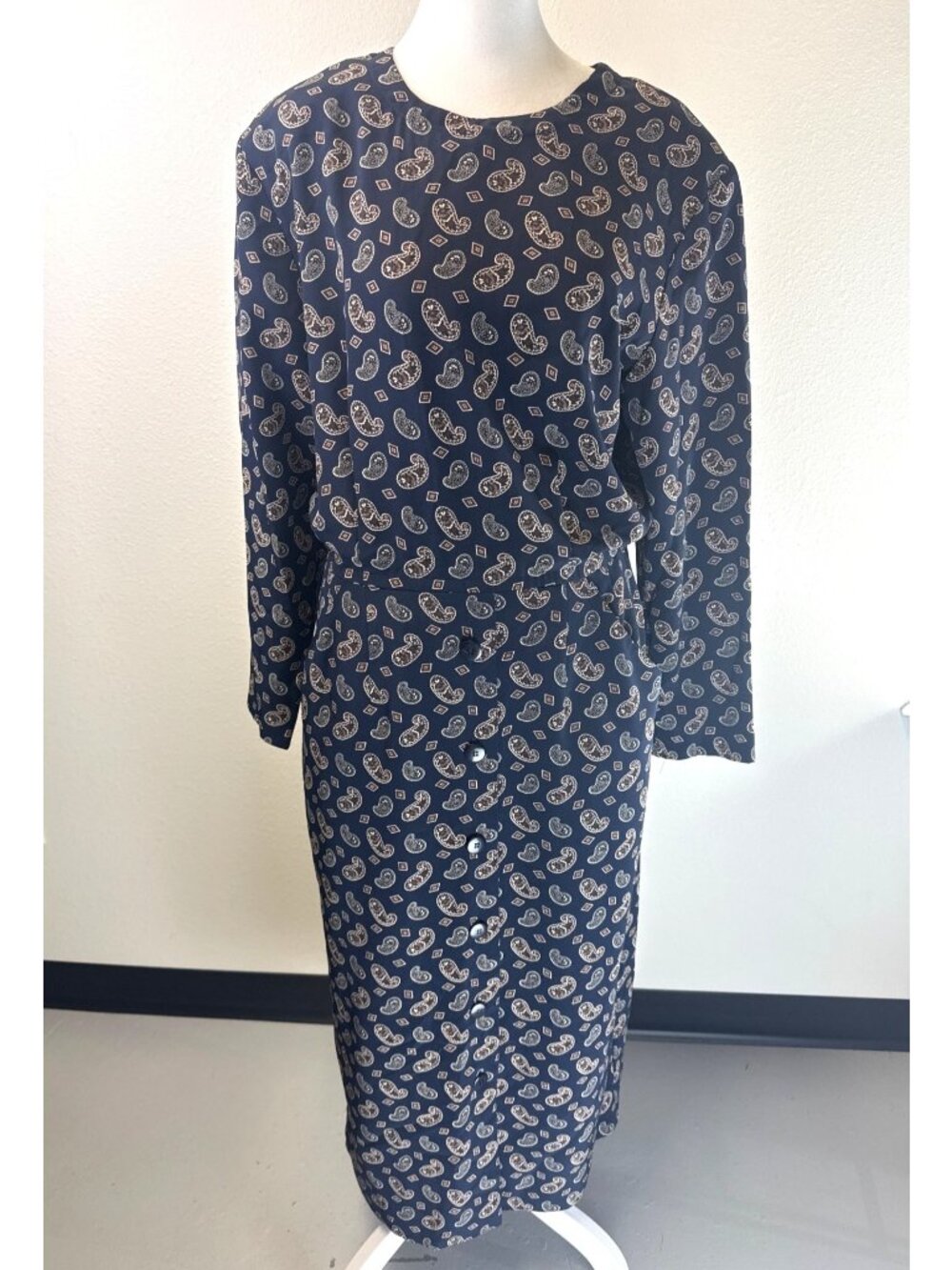 Talbots Midnight Paisley Print Navy Blue Long Sleeve Calf Length Dress Size 14